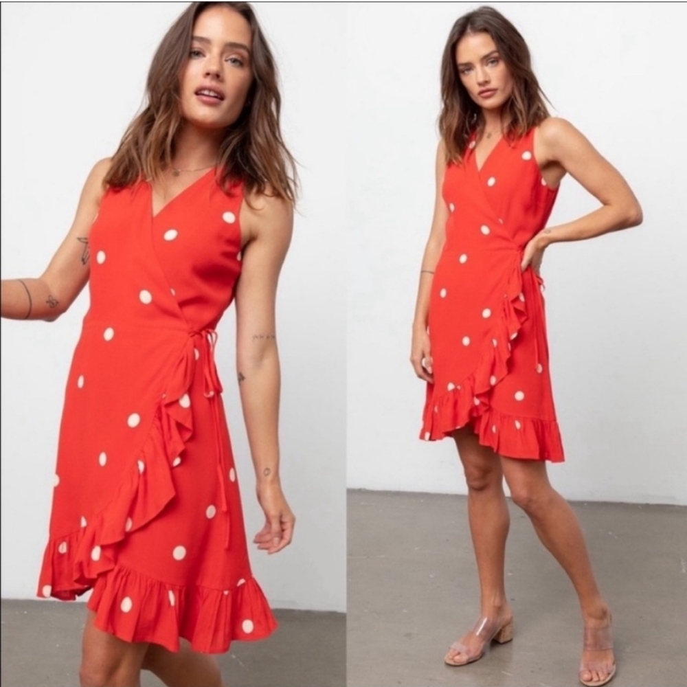 Rails Madison Scarlet PolkaDots Mini Wrap 100% Rayon dress Size L - Picture 2 of 16